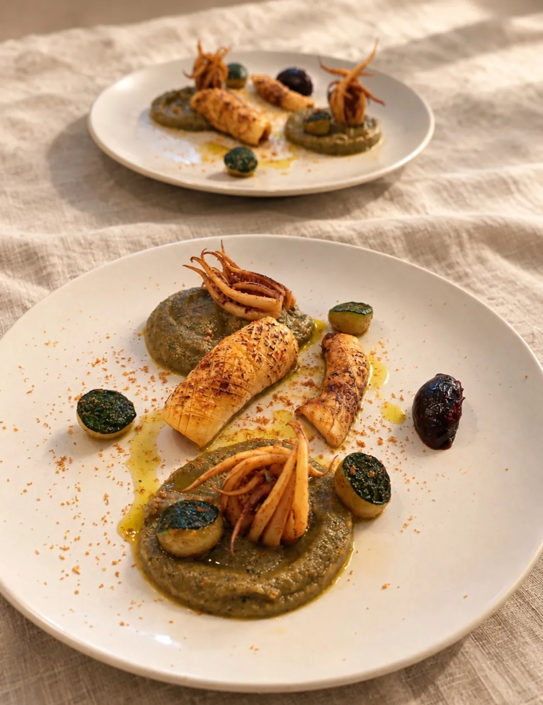 Deux assiettes de calamar avec une purée d'aubergine, sur du lin